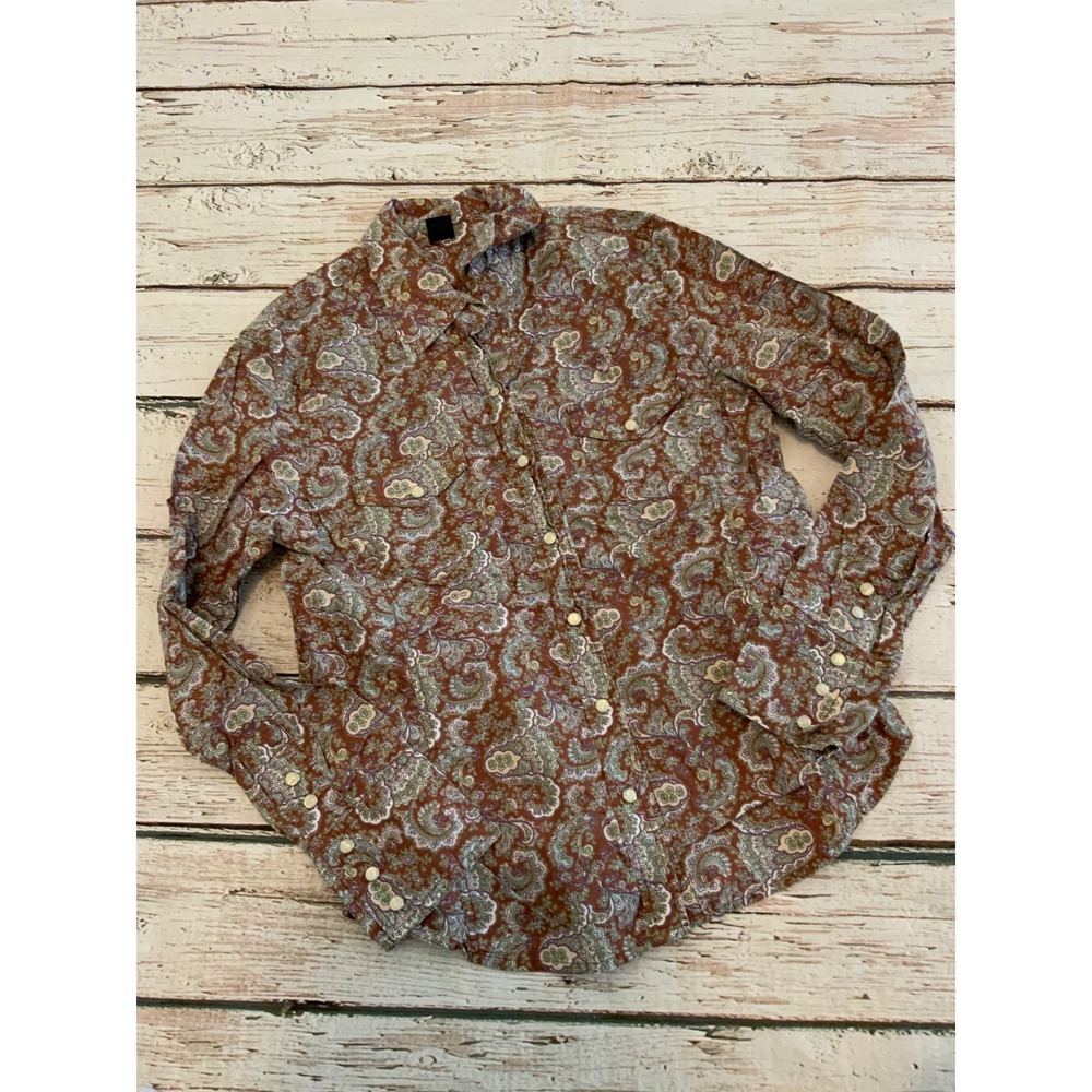 Gap Vintage Cowgirl Paisley Pearl Snap Shirt Brown Green Y2K Western Large